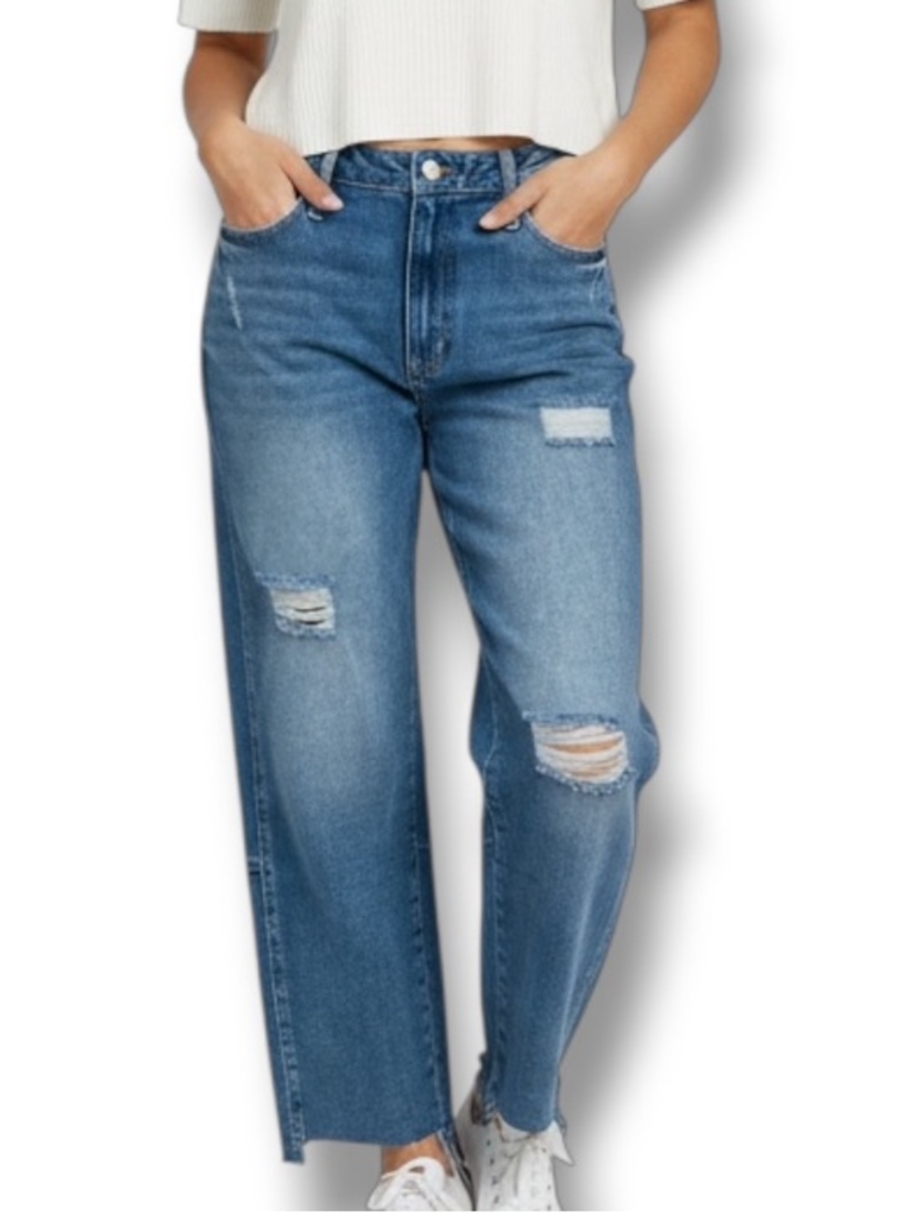 Plus High Waist Denim Blue Straight Leg Jeans Distressed 24 NWT